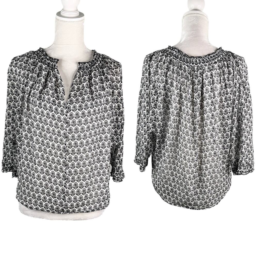 Diane von Furstenberg Silk Blouse 2 Black White Tunic Ruffle Collar